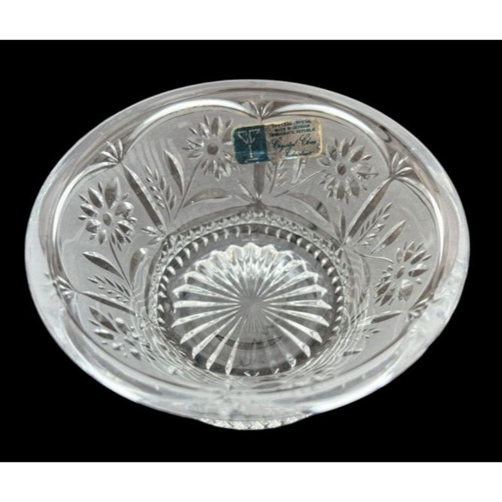 Vintage 24% Lead Crystal  Frosted Etched Floral Flowers Candy Bowl Dish